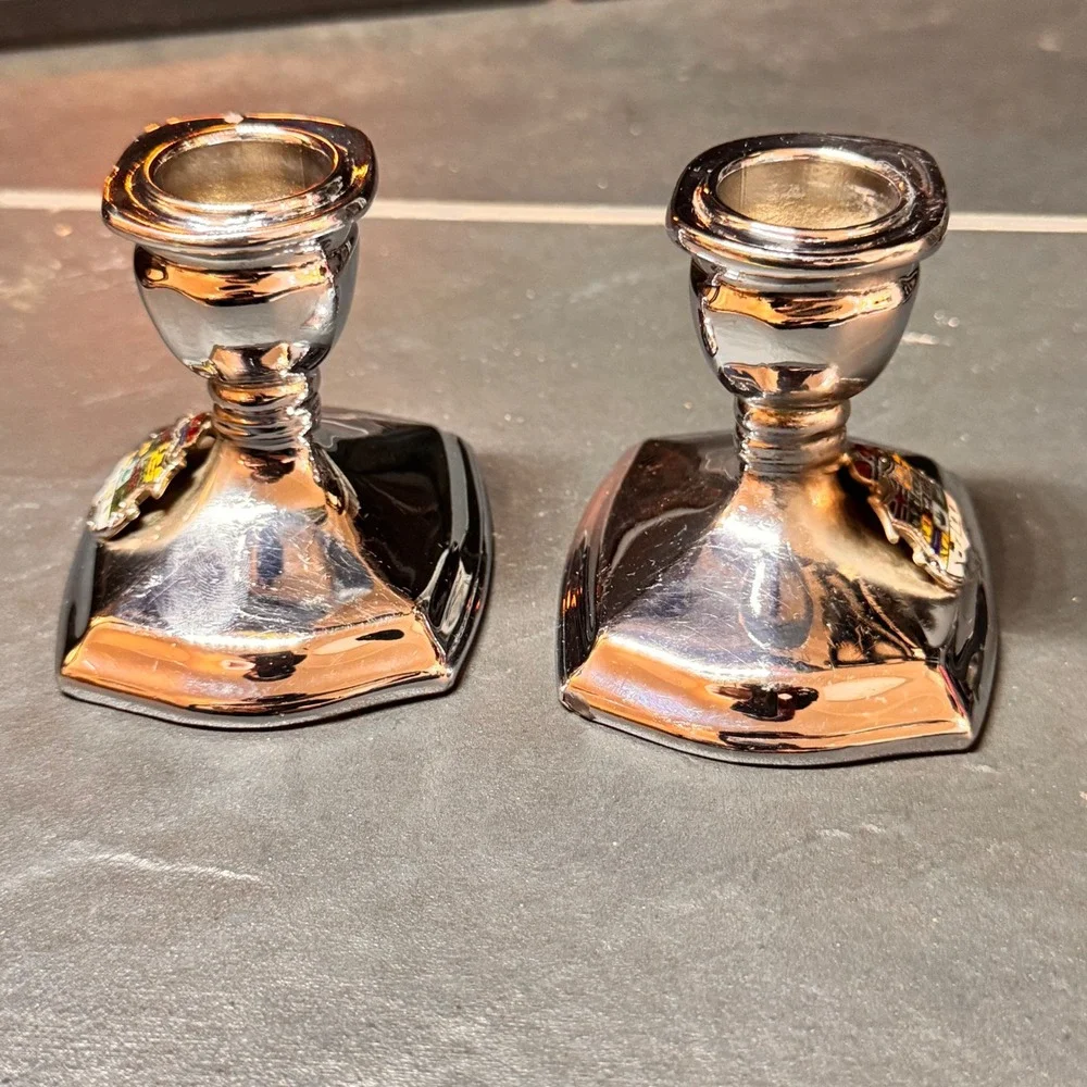 Vintage BP 2426 Silver Plated Crest Candlesticks Pair w/ Canadian Coat of‎ Arms